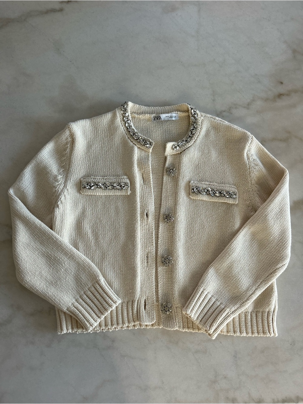 Zara Cream Jeweled Trim Knit Cardigan
